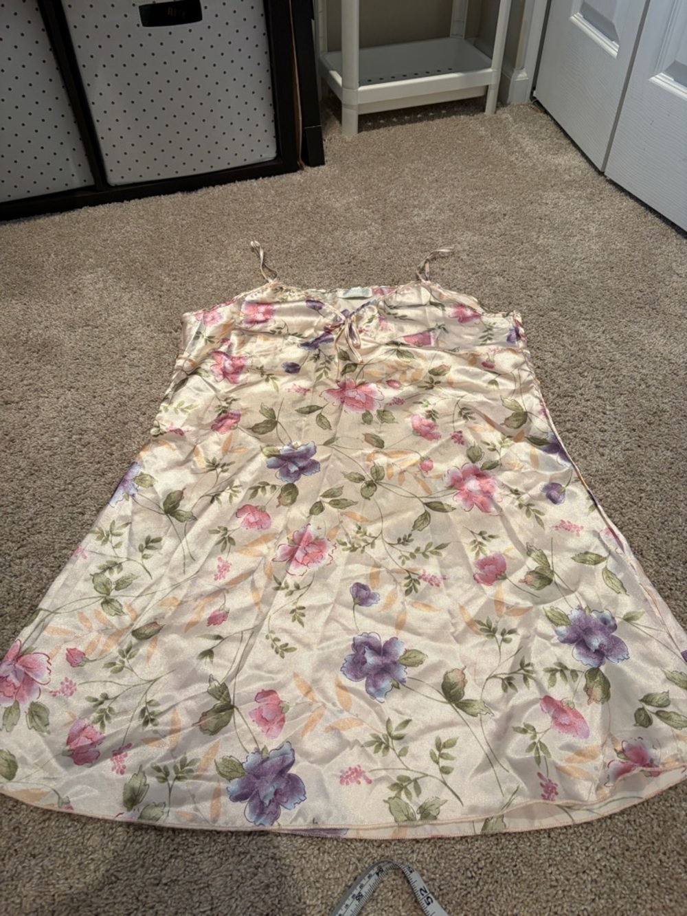 Floral Satin Slip Dress in Cream with Pink & Purple Blooms